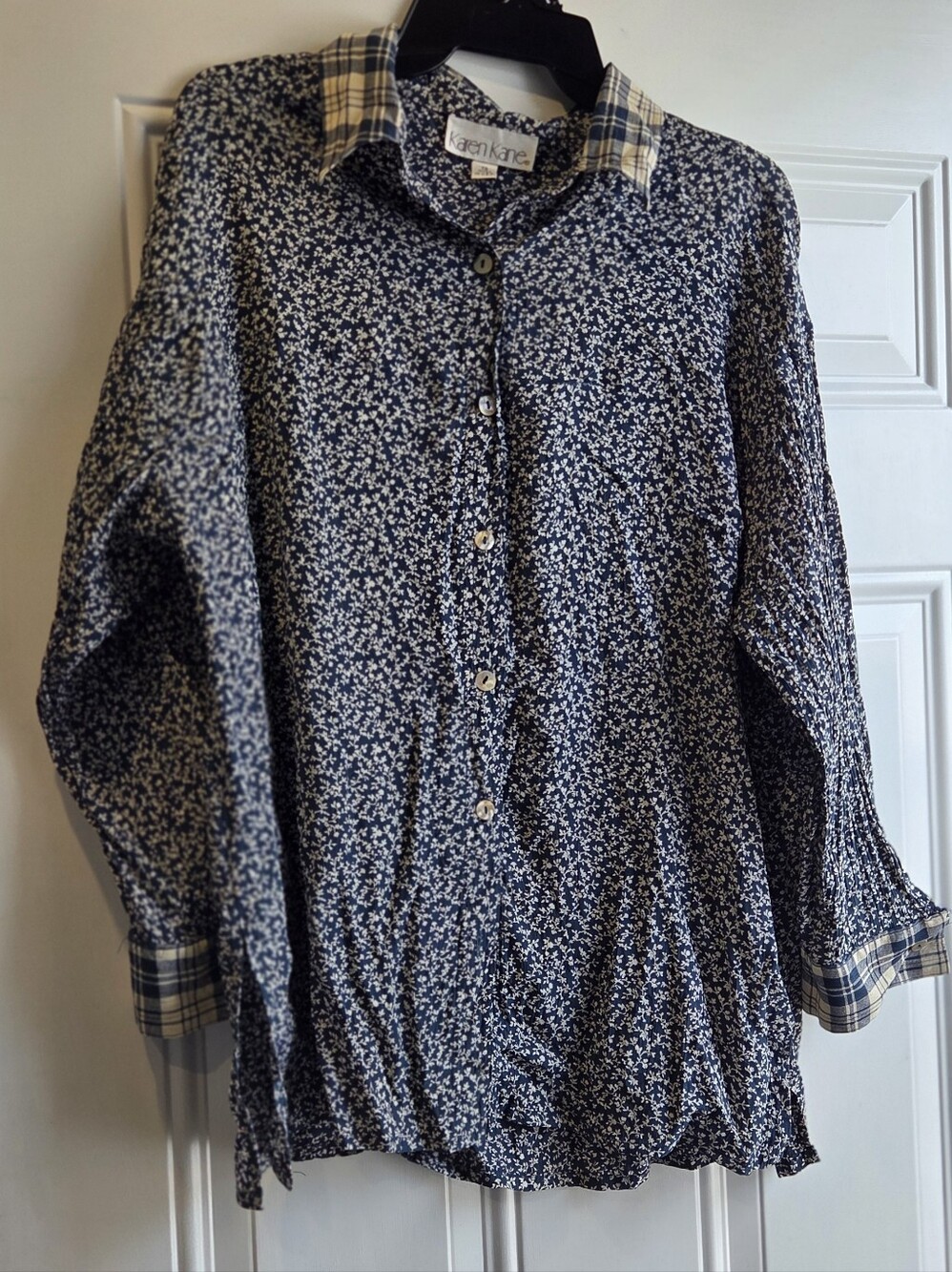 Karen Kane Navy & White Floral Button-Front Shirt with Plaid Trim Size 12